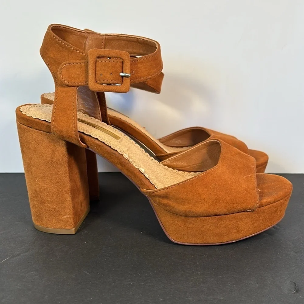 Liliana Suede Platform Heels Sz 7 Cognac Block Heel Ankle Strap Sandals Y2K